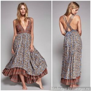 Free People Floral High Low Dress in Blue and Brown